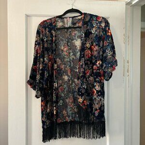Boho Bohemian Vintage 90s Floral Unique Velvet Burn Out Kimono Top with Fringe